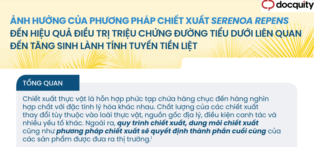 Ảnh hưởng của phương pháp chiết xuất Serenoa repens đến hiệu quả điều trị triệu chứng đường tiểu dưới liên quan đến tăng sinh lành tính tuyến tiền liệt