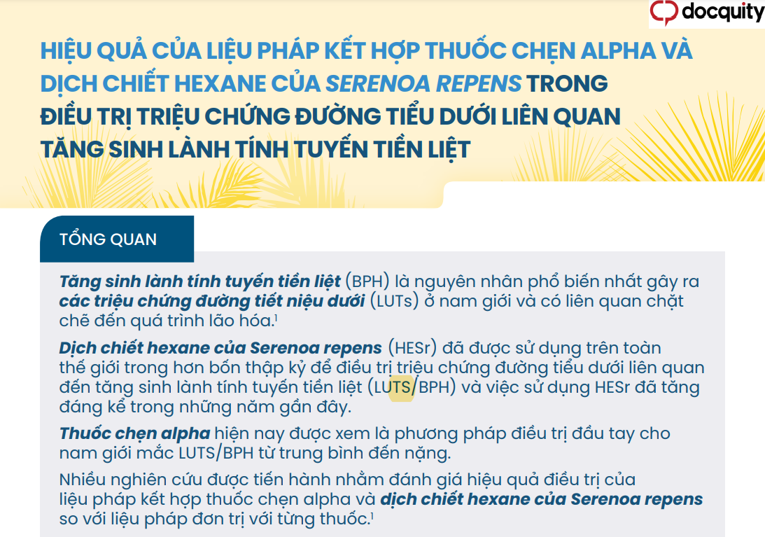 Hiệu quả của liệu pháp kết hợp thuốc chẹn Alpha và dịch chiết xuất Hexane của Serenoa repens trong điều trị triệu chứng đường tiểu dưới liên quan tăng sinh lành tính tuyến tiền liệt