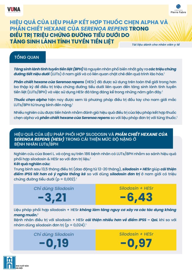 Hiệu quả của liệu pháp kết hợp thuốc chẹn alpha và phần chiết hexane của serenoa repens trong điều trị triệu chứng đường tiểu dưới do tăng sinh lành tính tuyến tiền liệt
