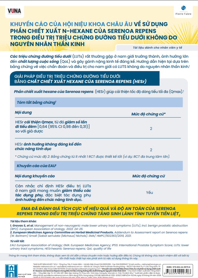 Khuyến cáo của Hội Niệu khoa Châu Âu về phần sử dụng chiết xuất n-hexane của serenoa repens trong điều trị triệu chứng đường tiểu dưới không do nguyên nhân thần kinh
